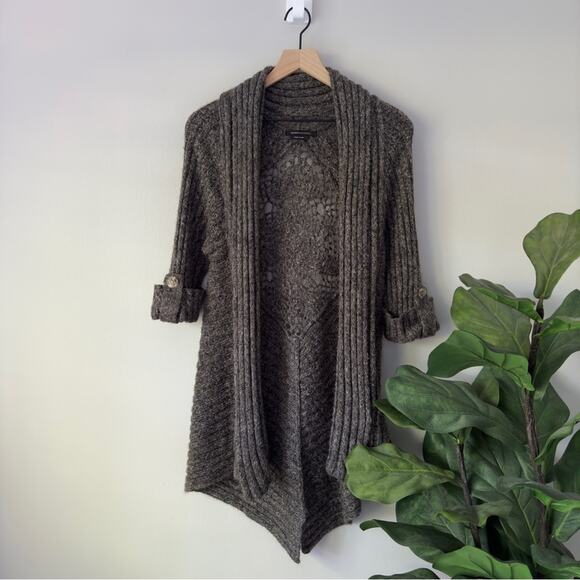 BCBGMaxAzria Long Tunic Cardigan Sweater Cuffed Sleeves Crochet Knit Ribbed EUC - Picture 1 of 14